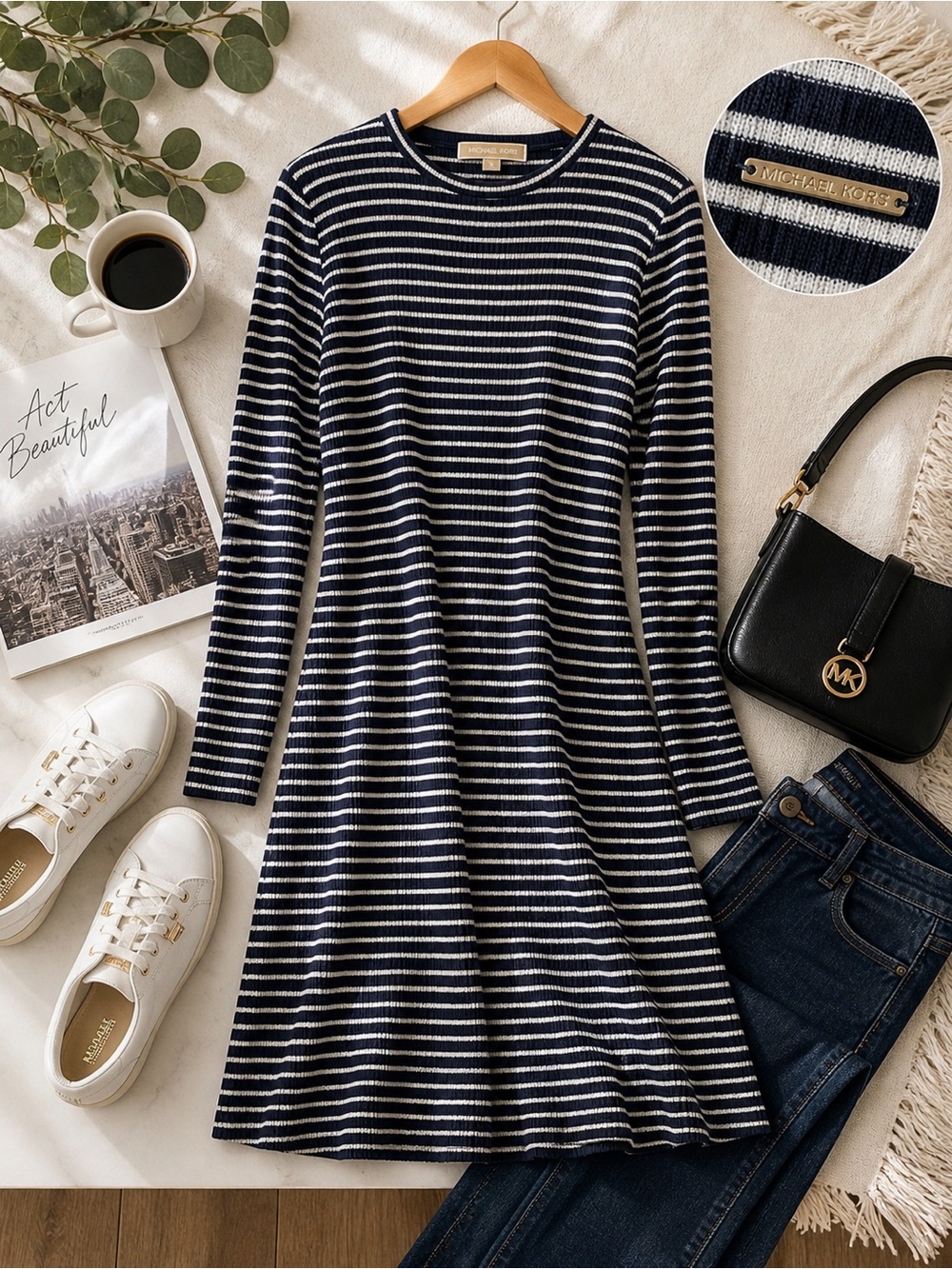 Michael Kors XL Navy White Stripe Knit Dress Long Sleeve Stretch Casual Classic